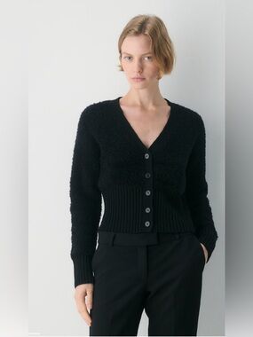 Aritzia Wilfred Dutchess Wool Cardigan Sweater Black S V-Neck Ribbed Cuffs Waist